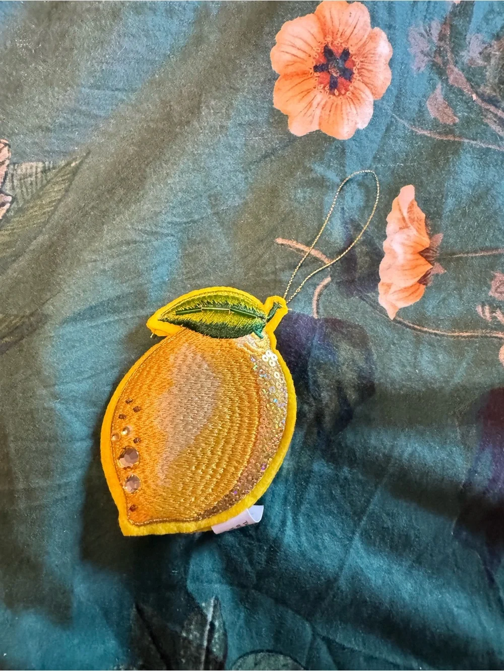 Sequin Lemon Ornament - Yellow with Green Leaf